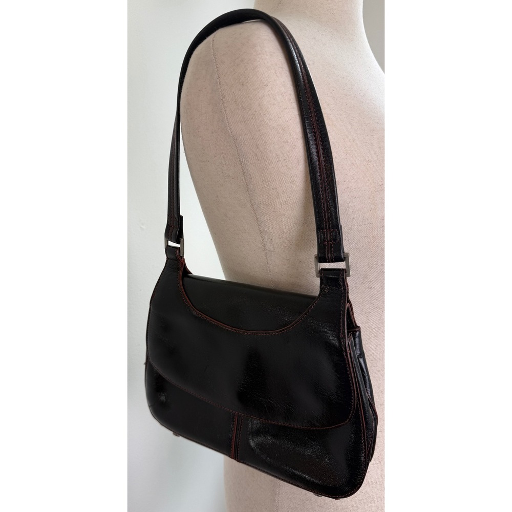 Hobo Shoulder Bag Womens Small Black Leather Red Stitch Y2K Flap Purse‎